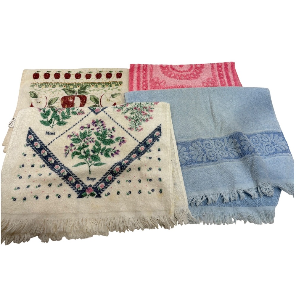 Vintage Cannon Monticello ROM Hand Towel Lot Pink Blue Floral Apple 4pc USA